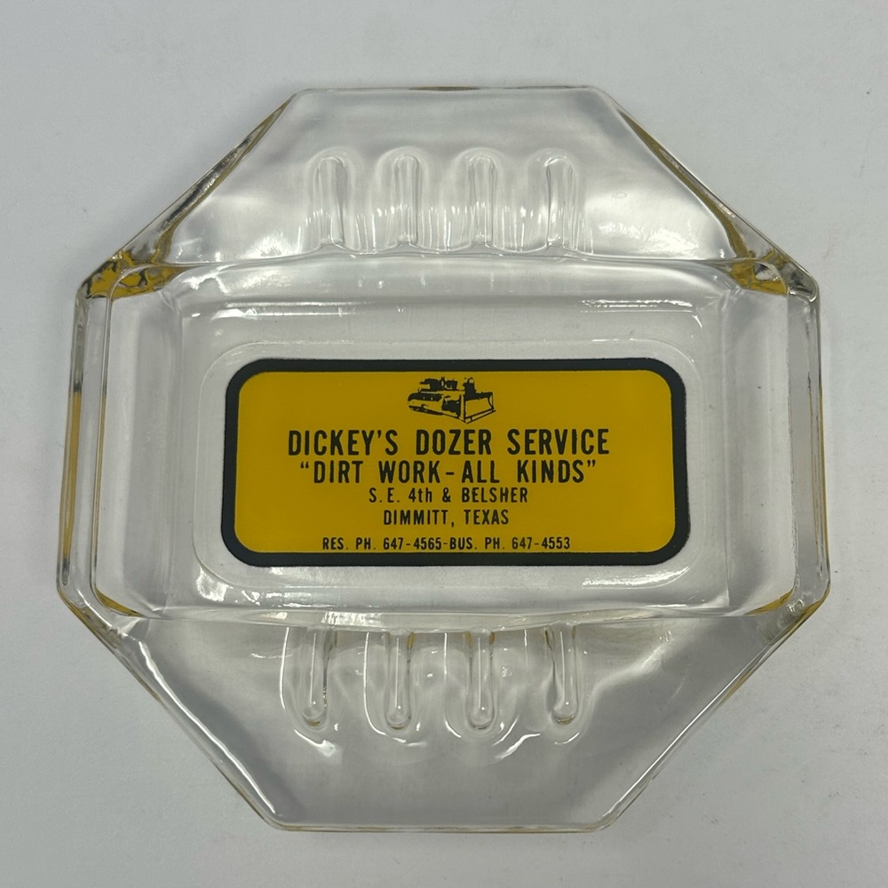Vintage 1970’s Advertising Clear Glass Ashtray Dickey’s Dozer Dimmitt, Texas A0